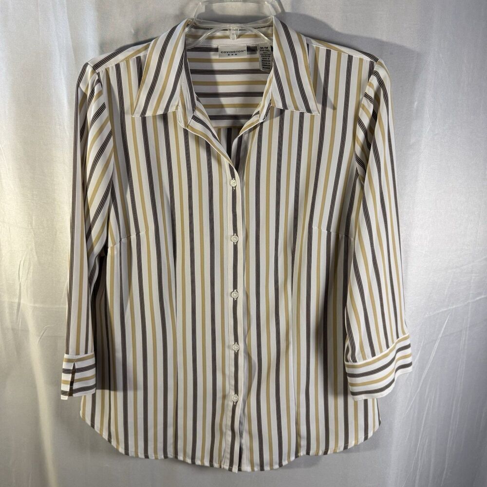Covington Women’s Medium Striped Button Up Shirt 3/4 Sleeve Office Casual Work